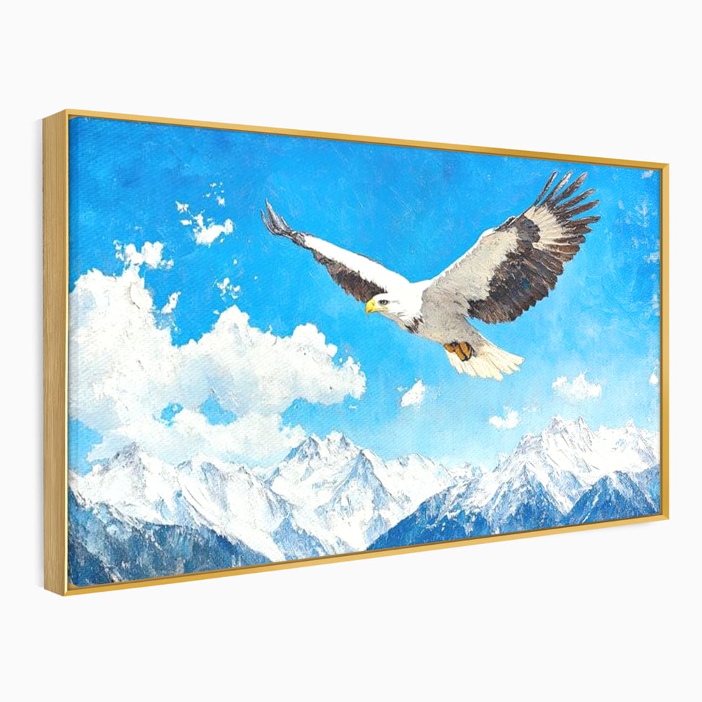 Tablou canvas cu tablou canvas cu vultur in zbor deasupra muntilor, in rama de aluminiu auriu